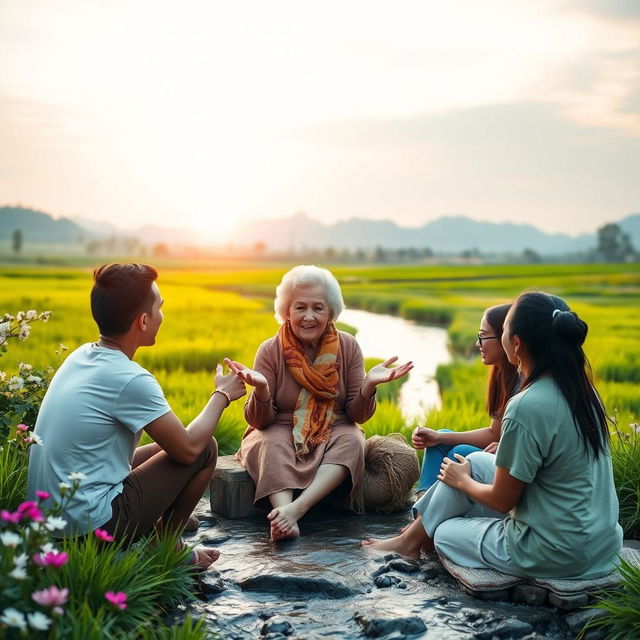 A beautiful serene landscape with a gentle river flowing through lush green fields under a soft blue sky, where an elderly woman, representing wisdom, shares life lessons with a group of diverse young adults sitting around her