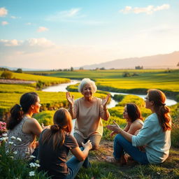 A beautiful serene landscape with a gentle river flowing through lush green fields under a soft blue sky, where an elderly woman, representing wisdom, shares life lessons with a group of diverse young adults sitting around her