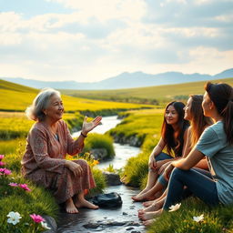 A beautiful serene landscape with a gentle river flowing through lush green fields under a soft blue sky, where an elderly woman, representing wisdom, shares life lessons with a group of diverse young adults sitting around her