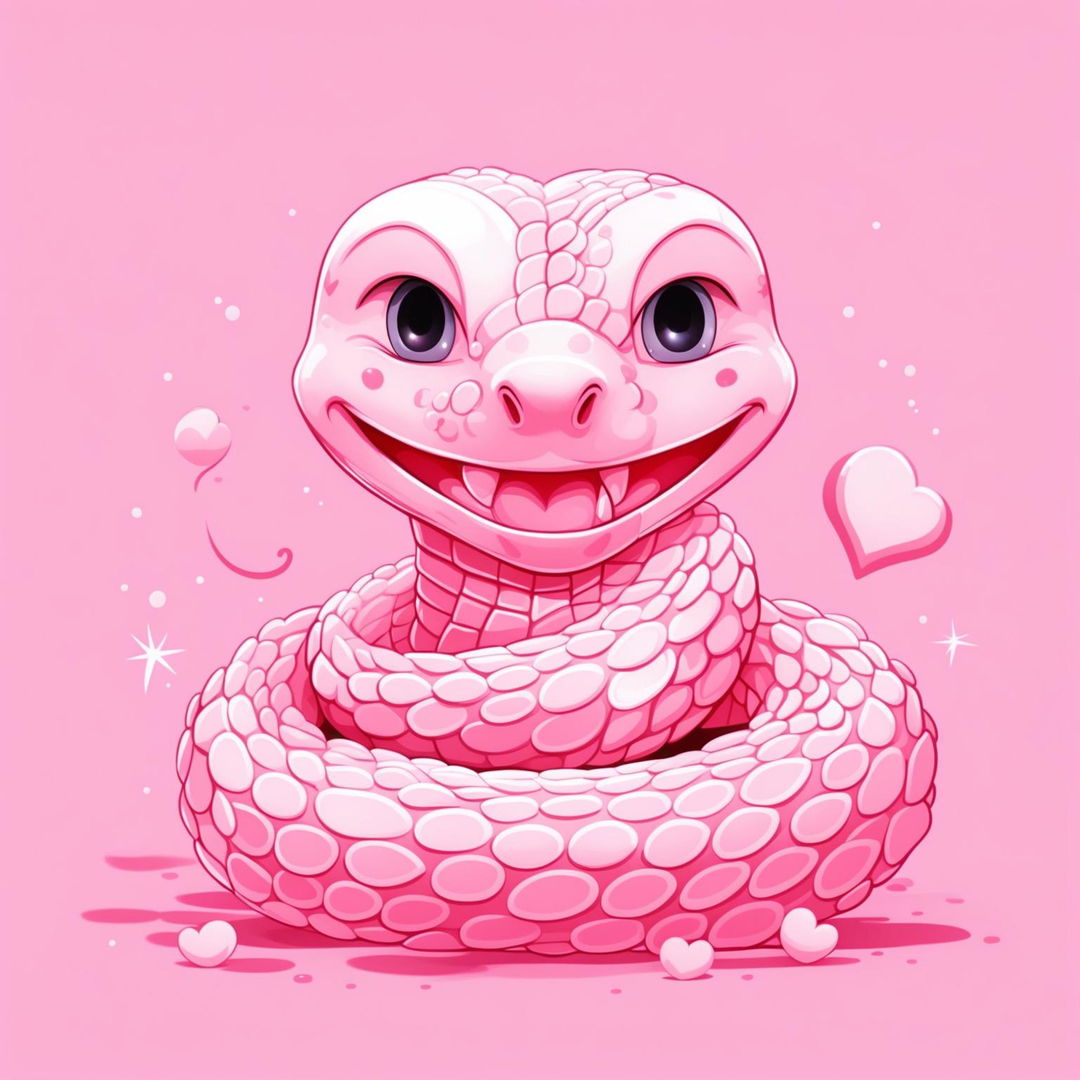 A high-definition digital art of a cute pink kawaii style snake with large round eyes, heart-shaped tongue, and a friendly grin against a light pink background adorned with tiny white hearts and stars.