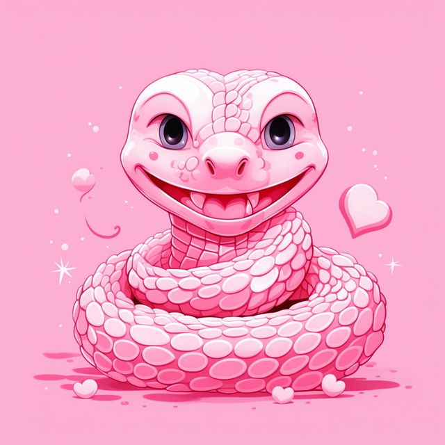 A high-definition digital art of a cute pink kawaii style snake with large round eyes, heart-shaped tongue, and a friendly grin against a light pink background adorned with tiny white hearts and stars.