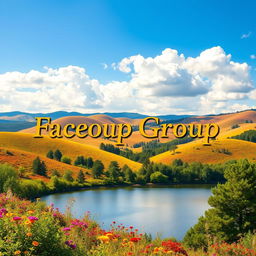 A vibrant and visually striking Facebook group cover image featuring a stunning landscape with rolling hills bathed in golden sunlight, dotted with colorful wildflowers in bloom