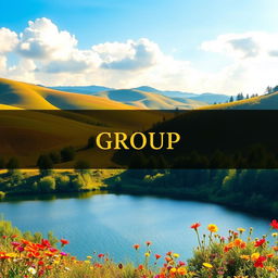 A vibrant and visually striking Facebook group cover image featuring a stunning landscape with rolling hills bathed in golden sunlight, dotted with colorful wildflowers in bloom