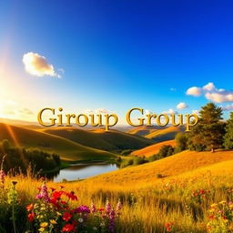 A vibrant and visually striking Facebook group cover image featuring a stunning landscape with rolling hills bathed in golden sunlight, dotted with colorful wildflowers in bloom