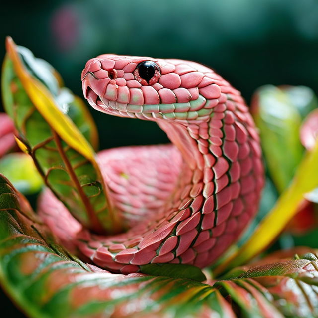 32k resolution nature photograph of a bright pink baby snake appearing to smile on a dew-kissed leaf, taken with a 200mm lens.