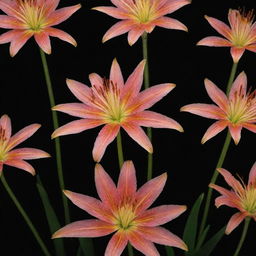 A cluster of vibrant spider lilies set against a stark black background, with their sharp petals and long stamen glowing in contrast.