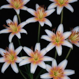 A cluster of vibrant spider lilies set against a stark black background, with their sharp petals and long stamen glowing in contrast.