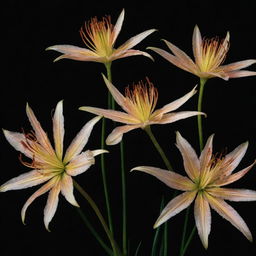 A cluster of vibrant spider lilies set against a stark black background, with their sharp petals and long stamen glowing in contrast.