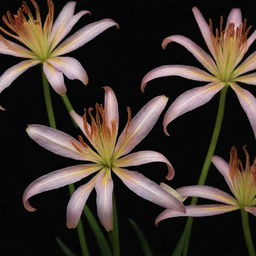 A cluster of vibrant spider lilies set against a stark black background, with their sharp petals and long stamen glowing in contrast.