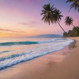 A serene beach during sunset, with soft waves lapping on the sandy shore, palm trees swaying in the gentle breeze, and a stunning palette of colours painted across the sky.