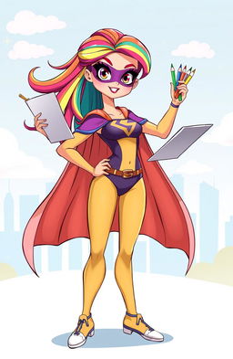 A vibrant cartoon character named Super Sarah, who is a dynamic superheroine with a strong and confident posture