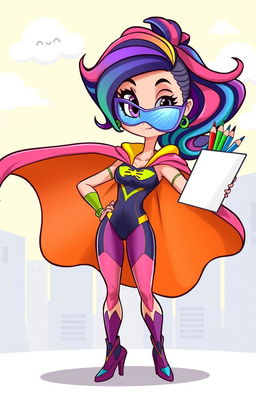 A vibrant cartoon character named Super Sarah, who is a dynamic superheroine with a strong and confident posture