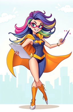 A vibrant cartoon character named Super Sarah, who is a dynamic superheroine with a strong and confident posture