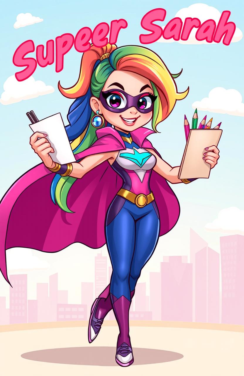 A vibrant cartoon character named Super Sarah, who is a dynamic superheroine with a strong and confident posture