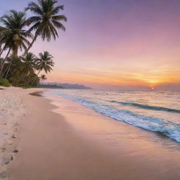 A serene beach during sunset, with soft waves lapping on the sandy shore, palm trees swaying in the gentle breeze, and a stunning palette of colours painted across the sky.