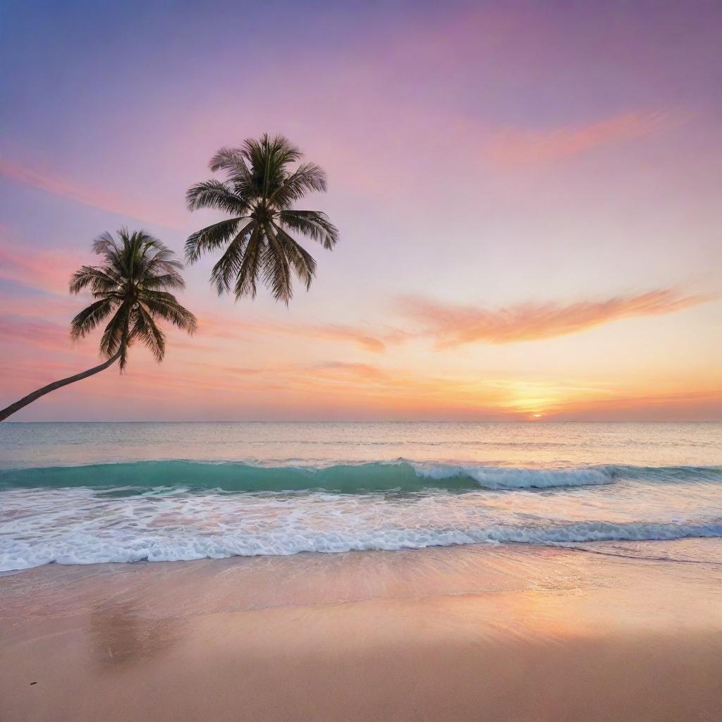 A serene beach during sunset, with soft waves lapping on the sandy shore, palm trees swaying in the gentle breeze, and a stunning palette of colours painted across the sky.