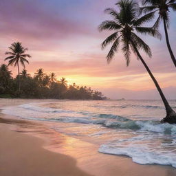 A serene beach during sunset, with soft waves lapping on the sandy shore, palm trees swaying in the gentle breeze, and a stunning palette of colours painted across the sky.