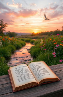 A tranquil landscape depicting a serene natural setting, with lush greenery and vibrant wildflowers gently swaying in a light breeze