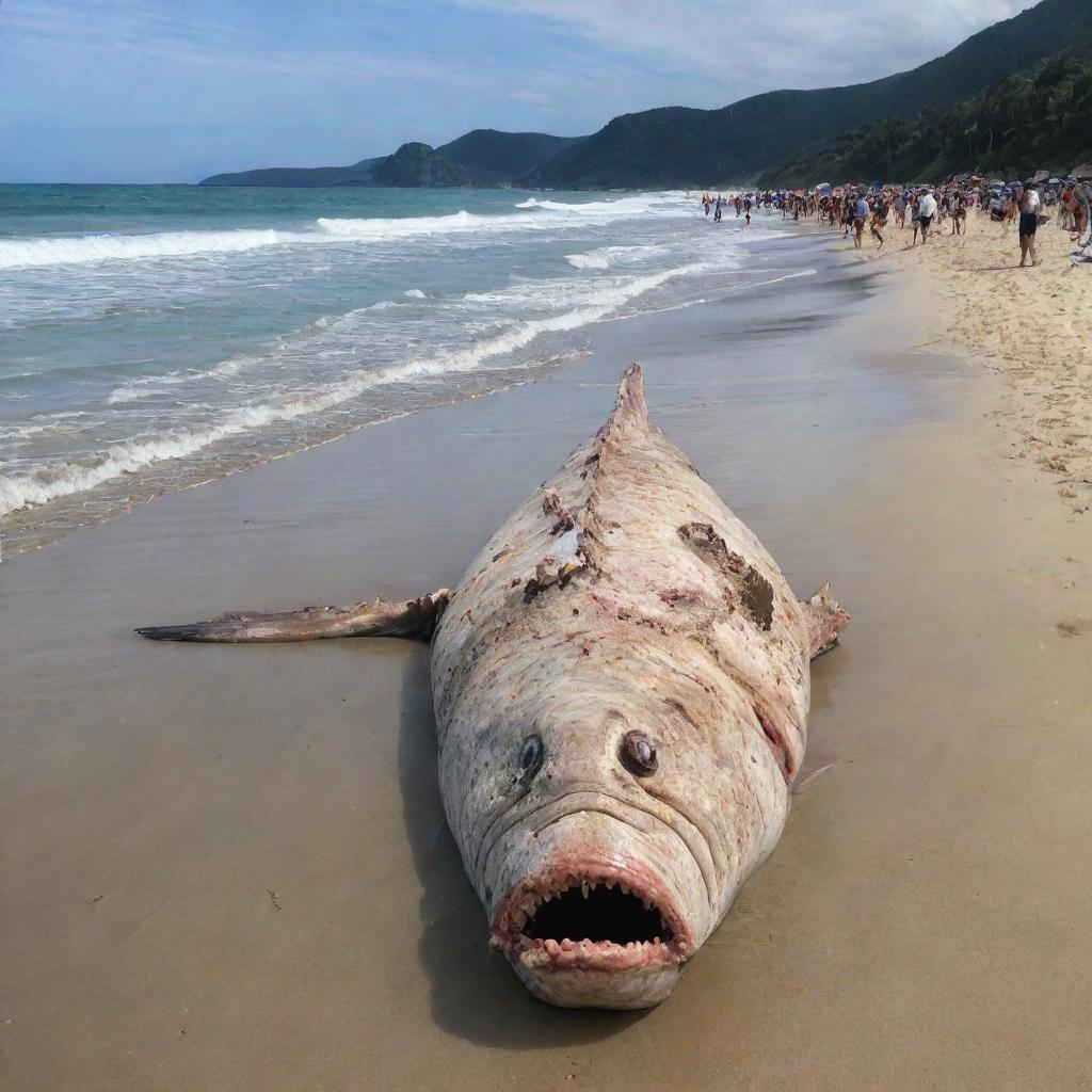 A colossal 90 meter-long fish carcass unexpectedly washed ashore on the serene beach, causing shock and amazement among the onlookers.