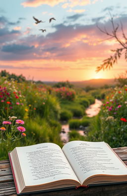 A tranquil landscape depicting a serene natural setting, with lush greenery and vibrant wildflowers gently swaying in a light breeze