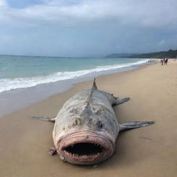 A colossal 90 meter-long fish carcass unexpectedly washed ashore on the serene beach, causing shock and amazement among the onlookers.