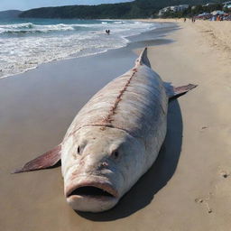 A colossal 90 meter-long fish carcass unexpectedly washed ashore on the serene beach, causing shock and amazement among the onlookers.