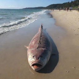 A colossal 90 meter-long fish carcass unexpectedly washed ashore on the serene beach, causing shock and amazement among the onlookers.