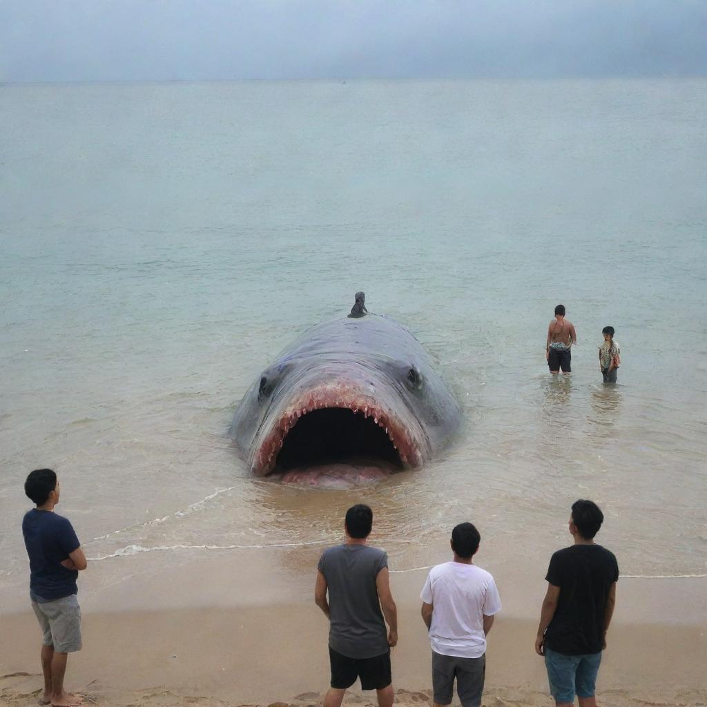 Onlookers at the serene beach expressing shock and awe at the sight of a gigantic 90 meter-long fish carcass unexpectedly washed ashore. Their faces reflecting a blend of fear, surprise, and curiosity.