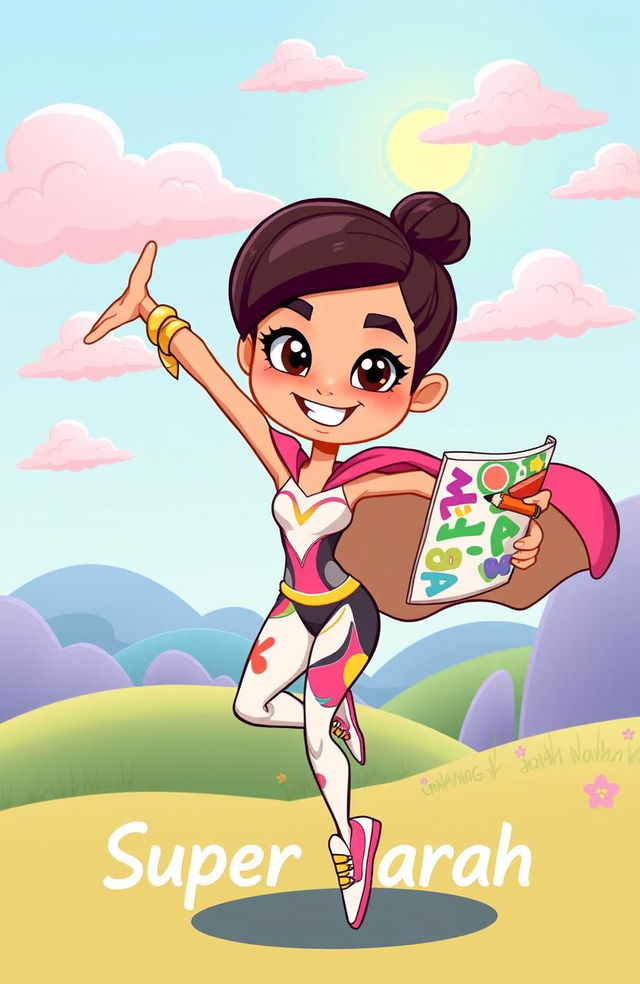 A vibrant cartoon character named Super Sarah, with a bright smile and expressive eyes, showcasing her unique talents