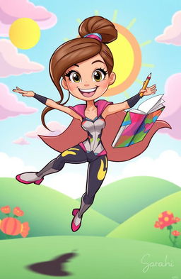 A vibrant cartoon character named Super Sarah, with a bright smile and expressive eyes, showcasing her unique talents