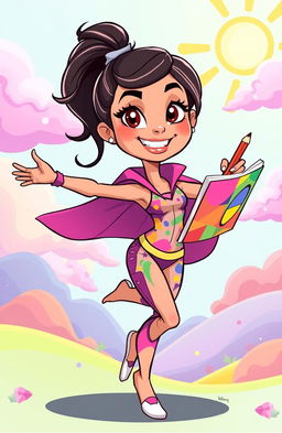 A vibrant cartoon character named Super Sarah, with a bright smile and expressive eyes, showcasing her unique talents