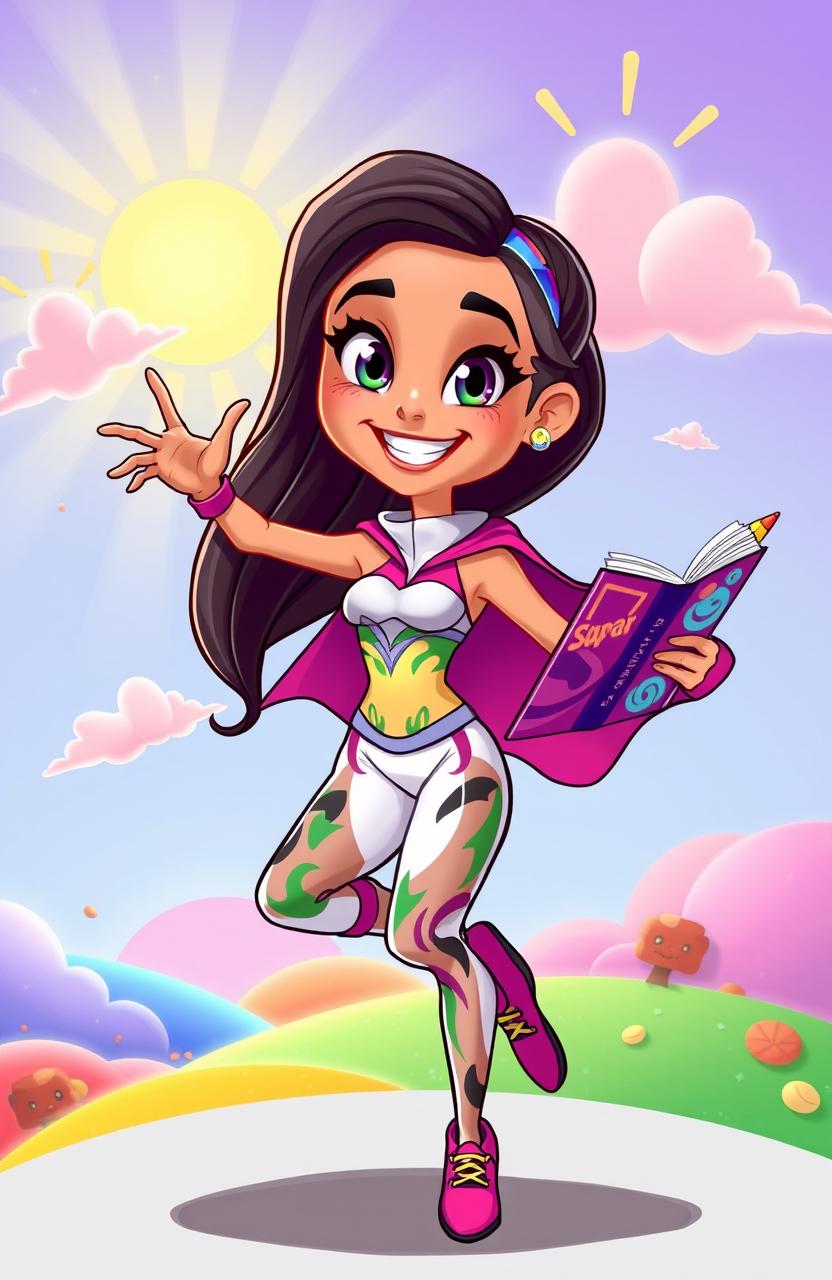 A vibrant cartoon character named Super Sarah, with a bright smile and expressive eyes, showcasing her unique talents