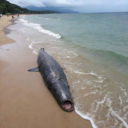 Onlookers at the serene beach expressing shock and awe at the sight of a gigantic 90 meter-long fish carcass unexpectedly washed ashore. Their faces reflecting a blend of fear, surprise, and curiosity.