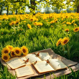 A beautifully designed scene incorporating a vivid yellow and green color theme, showcasing a lush meadow filled with bright yellow sunflowers and vibrant green grass