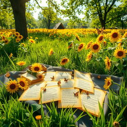 A beautifully designed scene incorporating a vivid yellow and green color theme, showcasing a lush meadow filled with bright yellow sunflowers and vibrant green grass