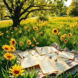 A beautifully designed scene incorporating a vivid yellow and green color theme, showcasing a lush meadow filled with bright yellow sunflowers and vibrant green grass