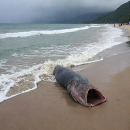 Onlookers at the serene beach expressing shock and awe at the sight of a gigantic 90 meter-long fish carcass unexpectedly washed ashore. Their faces reflecting a blend of fear, surprise, and curiosity.