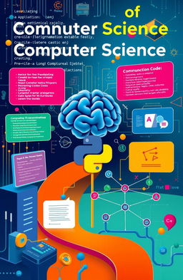 A visually engaging representation of the fundamentals of computer science and its applications, depicting elements like programming code, algorithms, data structures, and computational theory