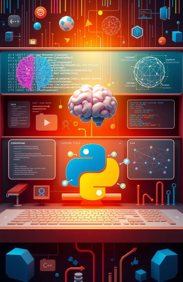 A visually engaging representation of the fundamentals of computer science and its applications, depicting elements like programming code, algorithms, data structures, and computational theory