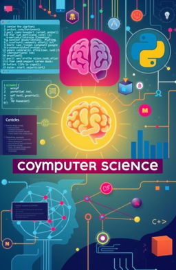 A visually engaging representation of the fundamentals of computer science and its applications, depicting elements like programming code, algorithms, data structures, and computational theory