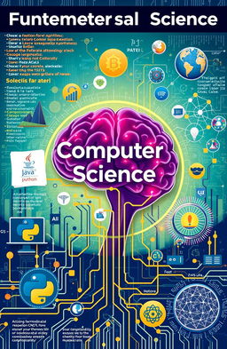 A visually engaging representation of the fundamentals of computer science and its applications, depicting elements like programming code, algorithms, data structures, and computational theory