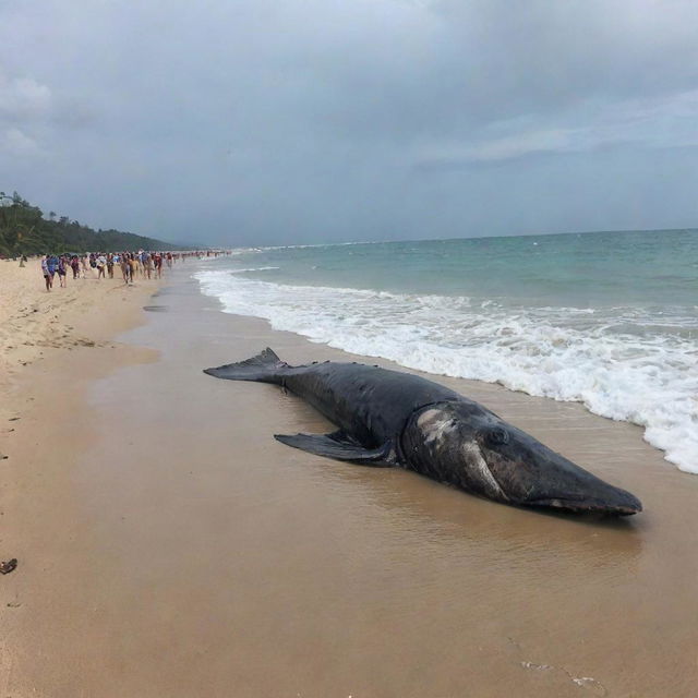 Onlookers at the serene beach expressing shock and awe at the sight of a gigantic 90 meter-long fish carcass unexpectedly washed ashore. Their faces reflecting a blend of fear, surprise, and curiosity.