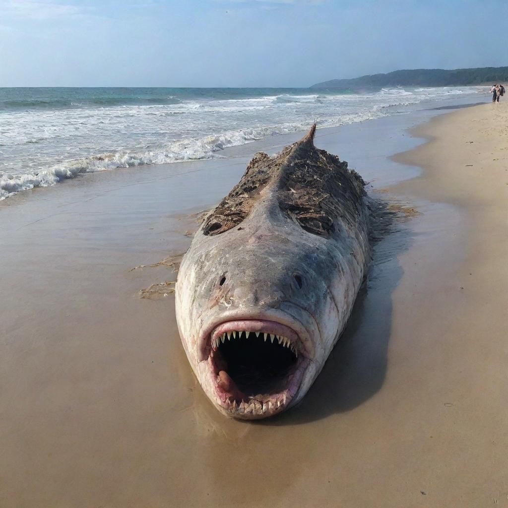 The gigantic 90-meter-long fish carcass that was washed ashore on the serene beach startlingly comes back to life. The shocked onlookers are seen fleeing in all directions, their faces reflecting pure terror.