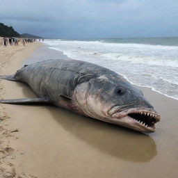 The gigantic 90-meter-long fish carcass that was washed ashore on the serene beach startlingly comes back to life. The shocked onlookers are seen fleeing in all directions, their faces reflecting pure terror.