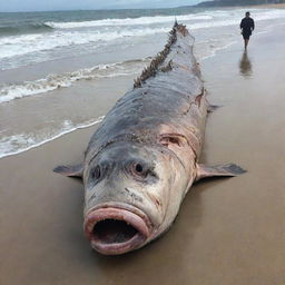 The gigantic 90-meter-long fish carcass that was washed ashore on the serene beach startlingly comes back to life. The shocked onlookers are seen fleeing in all directions, their faces reflecting pure terror.