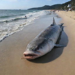 The gigantic 90-meter-long fish carcass that was washed ashore on the serene beach startlingly comes back to life. The shocked onlookers are seen fleeing in all directions, their faces reflecting pure terror.