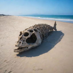 Over time, the massive 90-meter-long fish that came back to life on the serene beach has decomposed, leaving only its enormous skeletal structure behind. The beach is now calmly sitting underneath the clear skies, carrying this relic of a dramatic past.