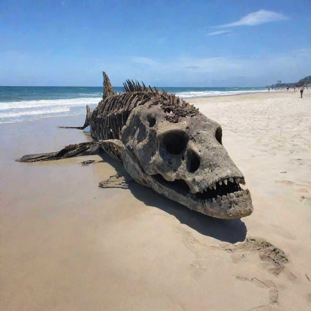 Over time, the massive 90-meter-long fish that came back to life on the serene beach has decomposed, leaving only its enormous skeletal structure behind. The beach is now calmly sitting underneath the clear skies, carrying this relic of a dramatic past.