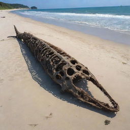 Over time, the massive 90-meter-long fish that came back to life on the serene beach has decomposed, leaving only its enormous skeletal structure behind. The beach is now calmly sitting underneath the clear skies, carrying this relic of a dramatic past.