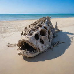 Over time, the massive 90-meter-long fish that came back to life on the serene beach has decomposed, leaving only its enormous skeletal structure behind. The beach is now calmly sitting underneath the clear skies, carrying this relic of a dramatic past.